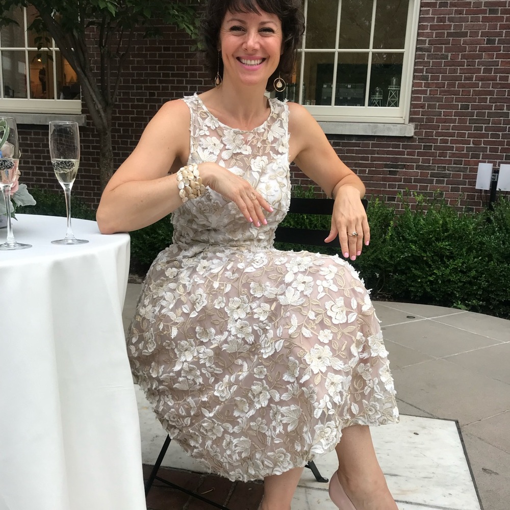 Adrianna Papell gold cream embroidery formal dress